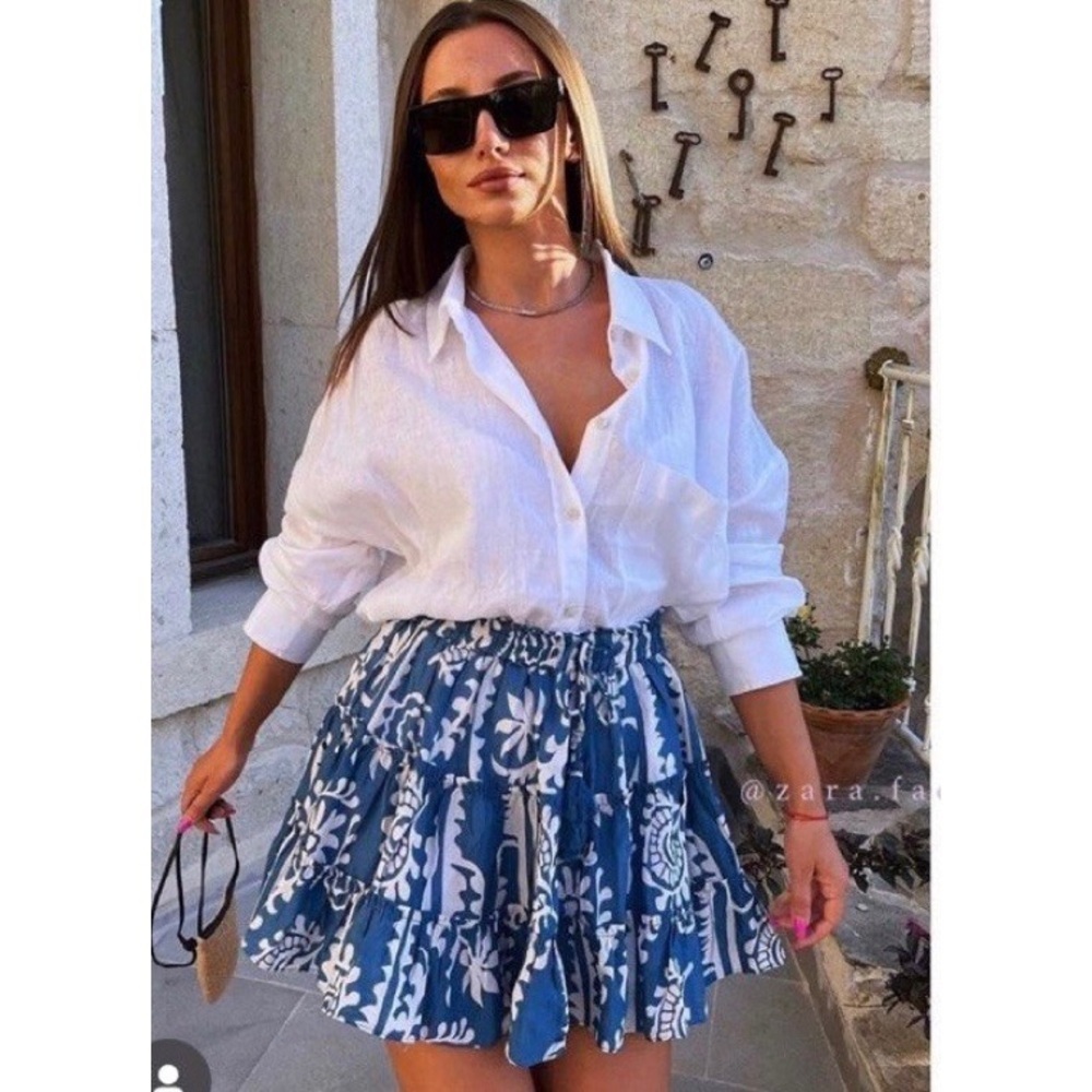 Zara Cotton Voile Lightweight Blue & White Print Mini Skirt Size US XS - Picture 2 of 9